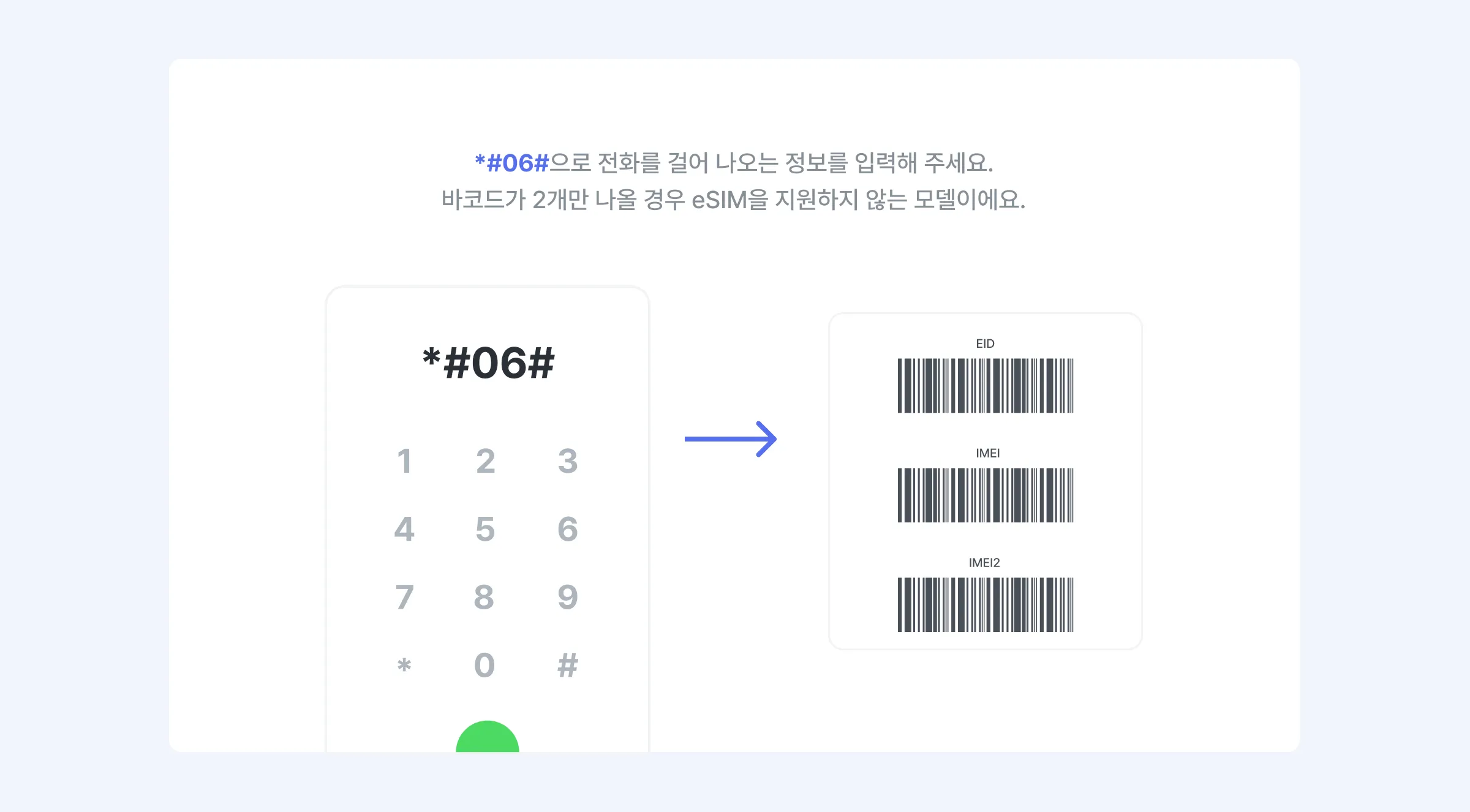 *#06# 을 눌러 EID, IMEI, IMEI2 정보를 한 번에 확인할 수 있어요